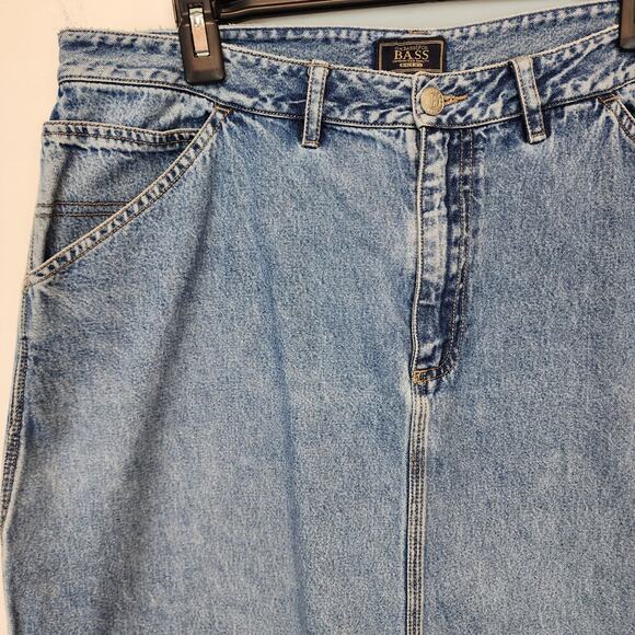Vintage Bass Denim Maxi Carpenter Skirt Size 12 32" Medium Wash Back Slit Indie - Picture 4 of 12